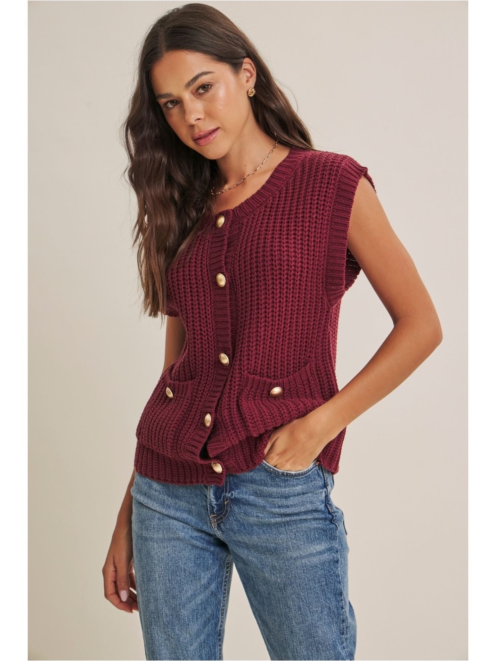 Sweater Shell chunky knit button up Gold Buttons vest